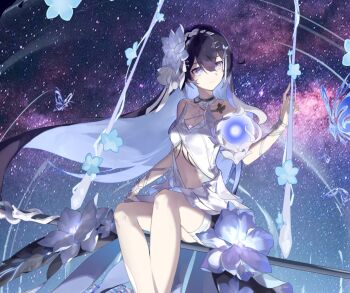 1girl bare_shoulders black_hair blue_eyes blue_hair breasts bug butterfly clothing_cutout colored_inner_hair commentary_request dress flower hair_flower hair_ornament honkai_(series) honkai_impact_3rd insect long_hair multicolored_hair on_swing seele_vollerei seele_vollerei_(herrscher_of_rebirth) sky small_breasts smile solo star_(sky) starry_sky stomach_cutout swing tameng_official two-tone_hair very_long_hair white_dress