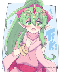Rule 34 | 1girl, 2021, artist name, blue background, blush, bracelet, english text, eromame, green eyes, green hair, headband, heart, jewelry, long hair, open mouth, pink headband, pointy ears, smile, standing, tiki (fire emblem)