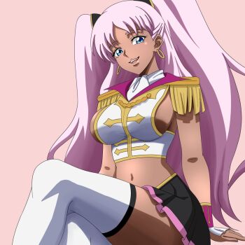 1girl blue_eyes breasts catherine_sabathra code_geass code_geass:_dakkan_no_roze dark-skinned_female dark_skin earrings gloves hair_ornament highres jewelry large_breasts long_hair looking_at_viewer madeinheaven116 navel open_mouth pink_hair sideboob sitting skirt solo thighhighs twintails