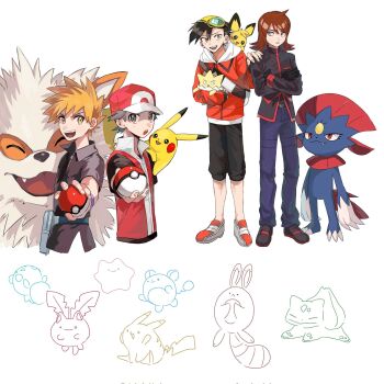 Rule 34 | 4boys, :d, arcanine, azumarill, blue oak, bulbasaur, collared shirt, commentary request, crossed arms, ditto, ethan (pokemon), fanny pack, gen 1 pokemon, gen 2 pokemon, gen 4 pokemon, goggles, goggles on headwear, grey bag, hat, highres, holding, holding poke ball, hoppip, jacket, male focus, marill, momotose (hzuu xh4), multiple boys, nintendo, open mouth, pants, partially colored, pichu, pikachu, poke ball, poke ball (basic), pokemon, pokemon adventures, pokemon frlg, red (pokemon), red headwear, red vest, sentret, shirt, shoes, short hair, silver (pokemon), smile, spiked hair, togepi, vest, weavile, wristband