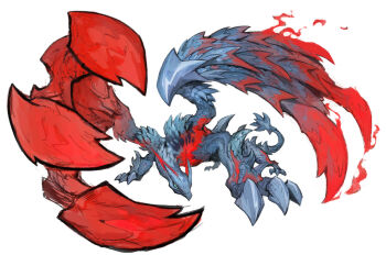 aqua_eyes claws crimson_glow_valstrax dragon garrett_hanna glowing highres horns monster monster_focus monster_hunter_(series) monster_hunter_rise no_humans slit_pupils solo spiked_tail spikes tail valstrax white_background wings