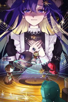 1girl absurdres apron black_dress blue_eyes blue_hair chess_piece colored_inner_hair dress grin hair_ornament hands_on_own_chest hands_up highres hissabeth juliet_sleeves kiperina long_hair long_sleeves melong6cha multicolored_hair name_day_(reverse:1999) own_hands_together planet puffy_sleeves reverse:1999 school_uniform smile solo soviet_school_uniform sparkle star_(symbol) star_hair_ornament upper_body voyager_(reverse:1999) voyager_golden_record white_apron