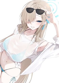 1girl adjusting_eyewear asuna_(blue_archive) bikini blonde_hair blue_archive blue_bikini blue_eyes blue_halo breasts commentary_request halo highres large_breasts looking_at_viewer midriff navel nenight see-through_clothes see-through_shirt shirt simple_background smile solo sunglasses swimsuit white_background white_shirt