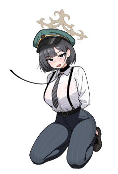 1girl arms_behind_back belt belt_buckle black_collar black_eyes black_hair black_necktie blue_archive blush breasts brown_belt brown_halo brown_shoes buckle cocktiel77 collar diagonal-striped_clothes diagonal-striped_necktie dress_shoes green_hat halo hat high-waist_pants hiromi_(blue_archive) implied_bondage kneeling korean_commentary large_breasts leash looking_at_viewer necktie no_jacket open_mouth pants peaked_cap shirt shoes short_hair simple_background smile solo striped_clothes striped_necktie striped_pants suspenders sweatdrop vertical-striped_clothes vertical-striped_pants white_background white_shirt
