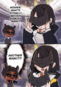 Rule 34 | 1boy, 1girl, ?, absurdres, animal ears, arknights, arknights: endfield, black coat, black hair, blush, closed mouth, coat, commentary, endministrator (arknights), english commentary, english text, eye mask, female endministrator (arknights), grey sweater, hands up, highres, holding, holding mask, hood, hooded coat, indoors, long sleeves, mamaprofennn, mask, open clothes, open mouth, smile, speech bubble, sunglasses, sweater, upper body