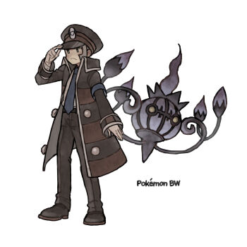 1boy :&lt; absurdres armband black_coat black_hat black_pants blue_armband blue_fire blue_necktie chandelier chandelure coat fire full_body gen_5_pokemon hat high_collar highres ichi_kawa_ichi ingo_(pokemon) long_sideburns necktie nintendo pants peaked_cap pokemon pokemon_bw purple_fire sideburns standing striped_coat trench_coat