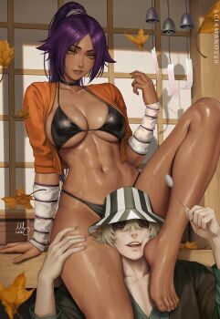 1boy 1girl abs artist_name barefoot bikini black_bikini black_choker bleach blonde_hair breasts cardigan cat_teaser choker cleavage closed_mouth collarbone commentary curvy dark-skinned_female dark_skin detached_sleeves english_commentary feet femdom foot_out_of_frame hand_up hat head_between_thighs high_ponytail highleg highleg_bikini highres holding holding_cat_teaser knee_up large_breasts leaf legs lips long_hair maple_leaf navel open_cardigan open_clothes orange_cardigan parted_bangs parted_lips ponytail purple_hair sciamano240 shihouin_yoruichi shiny_skin sideboob sitting stomach sweat swimsuit thighhighs thighs thong thong_bikini toenails toes toned toned_female underboob urahara_kisuke wide_hips yellow_eyes