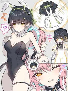 Rule 34 | 2girls, ;q, adoptive parent and adoptive child, aemeath (wuthering waves), animal ear hairband, animal ears, bare shoulders, black hair, black leotard, bow, breasts, changing clothes, cleavage, colored inner hair, commentary request, earrings, fake animal ears, female rover (wuthering waves), green bow, hair bow, hair ornament, hairband, highleg, highleg leotard, highres, jewelry, leotard, long hair, magic, medium breasts, mother and daughter, multicolored hair, multiple girls, mutii, one eye closed, orange eyes, parted lips, pink hair, playboy bunny, rabbit ear hairband, rabbit ears, rover (wuthering waves), snapping fingers, sparkle, sparkling aura, strapless, strapless leotard, sweatdrop, thigh strap, thighs, tongue, tongue out, triangle earrings, white hair, wuthering waves, yellow eyes