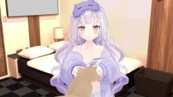 1boy 1girl 3d alternate_costume animated bed bedroom blunt_bangs blush cat collarbone flat_chest grey_hair hair_ornament heavy_breathing hetero hololive indoors lamp loli long_hair looking_at_viewer mask moaning murasaki_shion nipples off_shoulder official_alternate_costume on_bed open_clothes open_mouth pajamas pillow pov pov_hands sex sleep_mask smile solo_focus sound star_(symbol) star_hair_ornament tagme video virtual_youtuber yellow_eyes