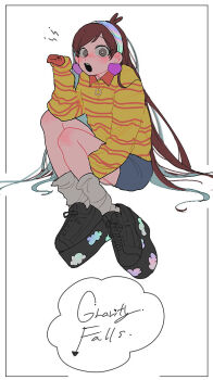 1girl blush brown_eyes brown_hair earrings gravity_falls grey_socks hairband jewelry long_hair mabel_pines open_mouth platform_shoes sitting socks solo sweater woo-saguchi-2013