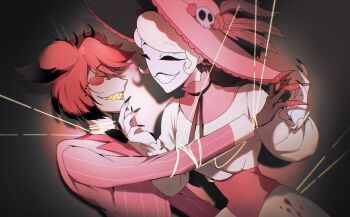 Rule 34 | 1boy, 1girl, alastor (hazbin hotel), black pants, collared shirt, commentary, dress, hazbin hotel, hellaverse, highres, long dress, pants, petermehk019880, pink shirt, red hair, rosie (hazbin hotel), shirt, short hair, symbol-only commentary, white dress, white hair