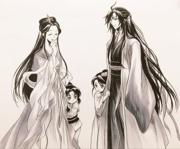 1girl 3boys aged_down ahoge bindi black_hair child chinese_clothes closed_eyes closed_mouth coat commentary_request dress facial_mark forehead_mark greyscale hair_bun hair_down hair_ornament hair_ribbon half_updo hand_on_another's_head hand_on_own_chin hanfu jiang_yanli jin_ling lan_sizhui lan_sizhui_(young) long_hair long_sleeves looking_at_another modao_zushi monochrome mother_and_son mugiwara0077 multiple_boys official_alternate_costume official_alternate_hairstyle open_clothes open_coat ribbon robe sash shawl sidelocks simple_background smile standing tassel traditional_media very_long_hair wei_wuxian wei_wuxian_(yiling_laozu) wide_sleeves yaopei
