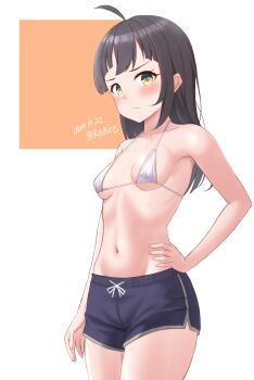 Rule 34 | 1girl, 2024, ahoge, alternate costume, ame-san, asymmetrical bangs, bikini, bikini top only, black hair, black shorts, breasts, commentary request, cowboy shot, cut bangs, dolphin shorts, fujinami (kancolle), hand on own hip, highres, kantai collection, long hair, navel, revision, shorts, small breasts, solo, swimsuit, white bikini, yellow eyes