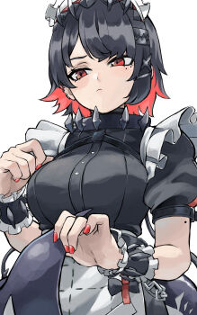 absurdres black_hair breasts colored_inner_hair commentary ear_piercing ellen_joe fengling_(furin-jp) fins fish_tail hairband highres large_breasts looking_to_the_side maid maid_headdress metal_hairband mole mole_on_arm mole_under_eye multicolored_hair piercing razor_blade_hair_ornament red_eyes red_hair red_nails shark_girl shark_tail spiked_headband tail upper_body white_background zenless_zone_zero