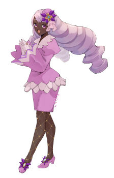 1girl absurdres commentary_request dark-skinned_female dark_skin dress fascinator fishnet_pantyhose fishnets frills gloves high_heels highres jacinthe_(pokemon) juliet_sleeves long_hair long_sleeves looking_at_viewer low_drills mega_stone nintendo open_mouth pantyhose pokemon pokemon_legends:_z-a puffy_sleeves purple_dress purple_eyes purple_hair simple_background smile solo very_dark_skin white_background white_gloves yachimata_1205