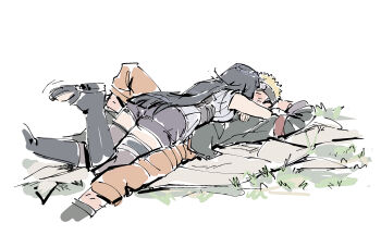 1boy 1girl arms_behind_head bare_shoulders beerenfuchs black_hair black_jacket black_shorts blonde_hair blush_stickers breasts closed_eyes couple facial_mark grass hetero highres hyuuga_hinata jacket large_breasts long_hair lying naruto:_the_last naruto_(series) on_back orange_pants pants purple_vest short_hair shorts uzumaki_naruto vest whisker_markings white_background