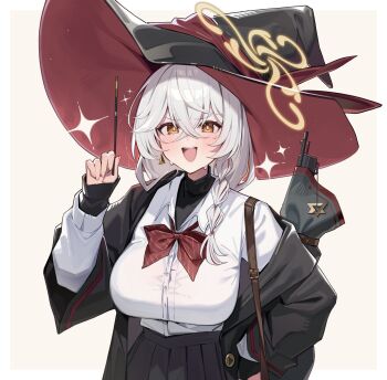 1girl black_coat black_hat black_shirt black_skirt blue_archive blush border bow bowtie breasts brown_eyes brown_halo coat collared_shirt commentary crossed_bangs diagonal-striped_clothes eri_(blue_archive) halo hat highres holding holding_wand large_breasts long_hair looking_at_viewer muo_(muojjang_0929) open_clothes open_coat open_mouth outside_border red_bow red_bowtie shirt side_halo simple_background skirt smile solo striped_bow striped_bowtie striped_clothes tilted_halo turtleneck turtleneck_shirt upper_body wand weapon weapon_on_back white_border white_hair white_shirt witch_hat