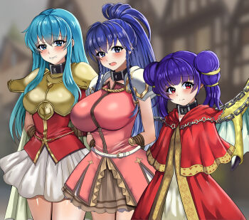 Rule 34 | 3girls, armor, blue eyes, blue hair, blurry, blurry background, bound, bound wrists, braid, breastplate, breasts, chain, chain leash, cloak, collar, commentary request, commission, dragon girl, dragon wings, eirika (fire emblem), fire emblem, fire emblem: the sacred stones, highres, large breasts, leash, long hair, looking at viewer, multiple girls, myrrh (fire emblem), nintendo, open mouth, outdoors, pauldrons, ponytail, purple eyes, purple hair, red eyes, shoulder armor, side braids, sidelocks, skeb commission, skirt, small breasts, tana (fire emblem), tara (szzj7733), twin braids, twintails, very long hair, white skirt, wings
