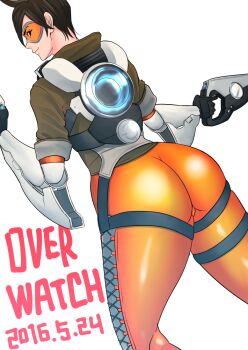 1girl ass black_gloves bomber_jacket brown_hair brown_jacket commentary_request copyright_name cross-laced_clothes cross-laced_legwear dated dual_wielding dutch_angle from_behind gloves goggles gun holding holding_gun holding_weapon jacket looking_back orange_goggles orange_pants overwatch pants shiny_clothes short_hair smile solo tamagou tight_clothes tight_pants tracer_(overwatch) weapon