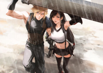 1boy 1girl absurdres arm_up armor armpits artist_name baggy_pants bare_shoulders belt belt_buckle black_gloves black_hair black_skirt black_sports_bra black_thighhighs blonde_hair blue_eyes blush breasts buckle buster_sword closed_mouth cloud_strife couple crop_top earrings elbow_gloves feet_out_of_frame final_fantasy final_fantasy_vii final_fantasy_vii_rebirth final_fantasy_vii_remake fingerless_gloves from_above gloves hand_on_another's_arm hetero highres holding holding_another's_arm holding_sword holding_weapon huge_weapon jewelry large_breasts long_hair looking_at_viewer looking_up low-tied_long_hair materia midriff multiple_belts navel open_mouth outdoors pants rain red_eyes red_shoes shoes short_hair shoulder_armor single_arm_guard single_bare_shoulder single_earring single_sidelock skirt sleeveless sleeveless_turtleneck spiked_hair sports_bra spykeee standing suspender_skirt suspenders sweater swept_bangs sword tank_top thighhighs tifa_lockhart turtleneck turtleneck_sweater twitter_username very_long_hair watermark weapon web_address white_tank_top zettai_ryouiki