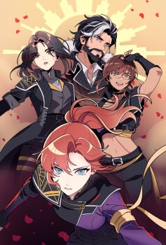 1boy 3girls beard belt black_belt black_hair black_jacket blue_eyes brown_eyes brown_hair burasto character_request clair_obscur:_expedition_33 commentary facial_hair facial_tattoo freckles green_eyes hashtag-only_commentary highres jacket looking_at_viewer lune_(clair_obscur:_expedition_33) maelle_(clair_obscur:_expedition_33) midriff multicolored_hair multiple_girls navel open_clothes open_jacket open_mouth orange_hair ponytail scar scar_on_face scar_on_stomach smile tattoo two-tone_hair verso_(clair_obscur:_expedition_33)