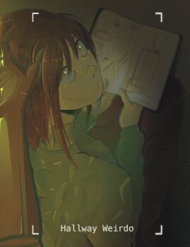 2girls bandaid bandaid_on_face bandaid_on_nose black_bodysuit blurry blurry_background bodysuit book brown_hair brown_skirt character_name chromatic_aberration commentary depth_of_field diagram elevator english_commentary english_text female_pov from_above from_behind frown gameplay_mechanics green_eyes green_sweater hand_on_another&#039;s_head headpat heads-up_display highres holding holding_book indoors kasia_(peripeteia) long_skirt looking_at_viewer looking_back looking_up marblearimeruu marie_(peripeteia) medium_hair multiple_girls open_book peripeteia pov pov_hands reading skirt squatting sweater turning_head user_interface