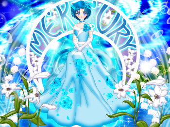 Rule 34 | absurdres, bishoujo senshi sailor moon, bishoujo senshi sailor moon crystal, blue choker, blue dress, blue flower, blue hair, blue rose, breasts, character name, choker, cleavage, collarbone, dress, elbow gloves, flower, gloves, highres, lily of the valley, lips, long hair, looking at viewer, luna rune, mizuno ami, rose, short hair, sitting, smile, white gloves, white lily