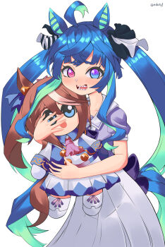 1girl @_@ absurdres ahoge animal_ears ascot asymmetrical_gloves blue_eyes blue_hair blush bow bowtie brown_hair buttons character_doll collarbone crossed_bangs doll double-breasted epaulettes gloves heterochromia highres holding holding_doll horse_ears horse_girl horse_tail hugging_doll hugging_object jacket long_hair long_sleeves mibukyt mismatched_gloves multicolored_hair multicolored_jacket open_mouth pink_ascot ponytail puffy_short_sleeves puffy_sleeves purple_bow purple_bowtie purple_eyes purple_shirt sailor_collar sailor_shirt school_uniform sharp_teeth shirt short_sleeves sidelocks simple_background single_epaulette skirt smile solo streaked_hair tail teeth thighhighs tokai_teio_(peak_joy)_(umamusume) tokai_teio_(umamusume) tracen_school_uniform twin_turbo_(umamusume) twintails two-tone_jacket two-tone_skirt umamusume white_background white_gloves white_hair white_jacket white_sailor_collar white_skirt white_thighhighs