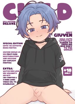 1boy black_choker black_hoodie blue_eyes blue_hair bottomless casytay choker closed_mouth collarbone commentary commission cover drawstring english_commentary english_text fake_magazine_cover highres hood hood_down hoodie loli looking_at_viewer magazine_cover male_focus naked_hoodie original penis pixiv_commission short_hair shota sitting small_penis solo testicles uncensored white_background