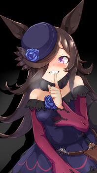 1girl absurdres animal_ears blue_flower blue_hat blue_rose blush brown_hair commentary_request dagger dress fascinator flipped_hair flower fur_choker hair_over_one_eye hat hat_flower highres horse_ears horse_girl horse_tail knife long_hair looking_at_viewer off-shoulder_dress off_shoulder purple_eyes rice_shower_(rosy_dreams)_(umamusume) rice_shower_(umamusume) rose smile solo tail tilted_headwear umamusume weapon yashimo_1875