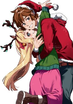 1boy 1girl absurdres antlers arm_around_neck bell belt black_pants blonde_hair blue_eyes blunt_bangs blush boots brown_belt brown_boots brown_hair christmas coat commentary_request couple dress fake_antlers fur-trimmed_boots fur-trimmed_coat fur_trim green_sweater grin hair_bell hair_between_eyes hair_ornament hanaberin hat hetero highres hood hood_down hooded_coat horns hug link long_dress long_hair nintendo pants parted_lips pink_dress pointy_ears princess_zelda red_coat red_hat reindeer_antlers santa_hat short_hair smile sweater teeth the_legend_of_zelda the_legend_of_zelda:_skyward_sword twitter_username white_background