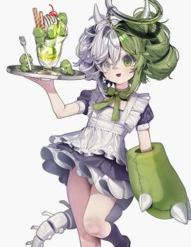 0_o_s_k 1girl :d apron black_shoes black_socks chain commentary dress food fork green_eyes green_hair green_ribbon hand_up heterochromia highres holding holding_tray horns ice_cream looking_at_viewer maid metal_halo neck_ribbon open_mouth original panties puffy_short_sleeves puffy_sleeves ribbon shoes short_dress short_sleeves skeletal_tail smile socks solo standing standing_on_one_leg sundae symbol-only_commentary tail tray two_side_up underwear upskirt white_apron white_background white_eyes white_hair white_horns white_panties white_tail