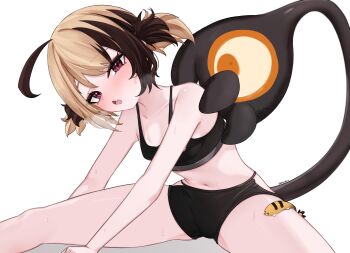1girl absurdres ahoge alternate_costume ausseh1 black_shorts black_sports_bra black_tail breasts brown_hair clothing_cutout commentary fang gigi_murin grem_(gigi_murin) highres hip_vent hololive hololive_english looking_at_viewer midriff multicolored_hair navel open_mouth outstretched_legs red_eyes short_hair short_shorts short_twintails shorts simple_background sitting skin_fang small_breasts solo sports_bra sportswear spread_legs stretching twintails two-tone_hair virtual_youtuber white_background