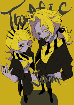 1boy 1girl absurdres arm_hair black_jacket black_skirt blonde_hair colored_sclera colored_skin colored_teeth commentary_request eyelashes flurry_(a_ka_shi) foreshortening from_above grey_skin hair_ribbon hands_on_own_hips highres jacket long_hair looking_at_viewer navel nekoma_hikaru ponytail ribbon scar scar_across_eye scar_on_face shirt skirt song_name sparse_stubble striped_bandana traffic_jam_(vocaloid) welter_(a_ka_shi) yellow_background yellow_eyes yellow_lips yellow_sclera yellow_shirt yellow_teeth