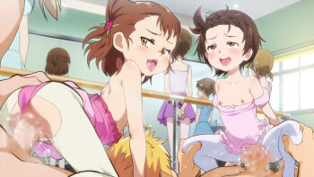 2boys 6+girls age_difference akeuraji_tsukasa all_fours anus ass ballet blush breath brown_hair censored clothes_pull clothing_aside dot_nose feet_out_of_frame flat_chest from_behind from_side functionally_nude half-closed_eyes hands_on_another's_knees hetero highres indoors jcm2 leotard leotard_aside leotard_pull loli looking_at_another looking_back medalist_(manga) medium_hair miketa_ryouka moaning mosaic_censoring multiple_boys multiple_girls naughty_face nipples no_panties open_mouth pantyhose penis pink_leotard public_indecency pussy red_eyes rolling_eyes short_hair size_difference spread_legs squatting squatting_cowgirl_position teeth tongue tongue_out torn_clothes torn_pantyhose upper_teeth_only vaginal white_pantyhose yellow_eyes yellow_pantyhose yuitsuka_inori