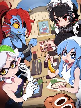 1boy 4girls :t absurdres black_dress black_hair blue_eyes blue_hair blue_skin bongftah breasts chopsticks cleavage colored_sclera colored_skin commentary crossover darwin_watterson dress eating ellen_joe fins fish food gloves head_fins highres holding holding_chopsticks holding_food ikamusume indoors inkling jinbe_(one_piece) large_breasts long_hair maid maid_headdress marie_(splatoon) medium_breasts mole mole_under_eye monster_girl multiple_crossover multiple_girls nintendo one_piece open_mouth pointy_ears ponytail red_eyes red_hair sharp_teeth shinryaku!_ikamusume shrimp shrimp_tempura sleeveless sleeveless_dress small_breasts splatoon_(series) strapless strapless_dress symbol-only_commentary teeth tempura tentacle_hair the_amazing_world_of_gumball undertale undyne utdr_(toby_fox) white_dress white_gloves yellow_sclera zenless_zone_zero