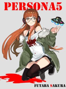 Rule 34 | 10s, 1girl, bad id, bad twitter id, bare shoulders, black boots, black thighhighs, boots, brown eyes, brown hair, bunko (fumimatsu), female focus, fur trim, glasses, headphones, jacket, necronomicon (persona 5), persona, persona 5, sakura futaba, solo, thighhighs, thighhighs under boots, ufo