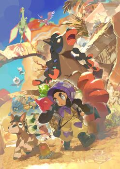 1boy 1girl alolan_diglett alolan_form antennae basket bird black_boots black_hair blonde_hair bonnet boots brown_jumpsuit daikon dark-skinned_female dark_skin desert e_volution fearow flygon flying full_body gen_1_pokemon gen_3_pokemon gen_5_pokemon gen_7_pokemon gloves golurk grass grey_eyes grey_gloves hakamo-o hapu_(pokemon) hat highres holding holding_basket holding_hoe horse jumpsuit long_hair long_sidelocks looking_to_the_side mesa mohn_(pokemon) mudbray mudsdale nintendo outdoors parted_lips pokemon pokemon_(creature) pokemon_sm potato purple_bonnet radish red_shorts rufflet short_hair shorts sidelocks sleeping straw_hat tank_top thick_eyebrows tree walking white_tank_top