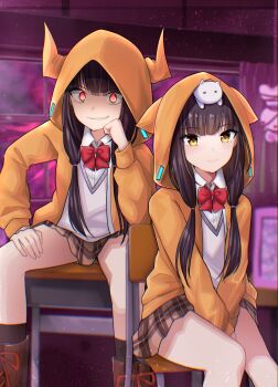 1girl absurdres asakura_karen_(heaven_burns_red) black_hair bow bowtie chair dual_persona heaven_burns_red highres hood hooded_jacket jacket looking_at_viewer low_twintails on_chair red_bow red_bowtie red_eyes rrtp school_uniform sitting sitting_on_table twintails yellow_eyes