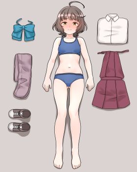 1girl absurdres ahoge aqua_bow aqua_bowtie blue_panties blue_sports_bra blunt_bangs bow bowtie collared_shirt commentary_request commission cowboy_shot dress equipment_layout full_body furaggu_(frag_0416) highres kantai_collection kishinami_(kancolle) lying navel on_back panties pantyhose pinafore_dress pixiv_commission purple_pantyhose red_dress shirt shoes short_hair simple_background sleeveless sleeveless_dress solo sports_bra standing stomach thighs underwear unworn_dress unworn_pantyhose unworn_shirt unworn_shoes variant_set white_background white_shirt yellow_eyes