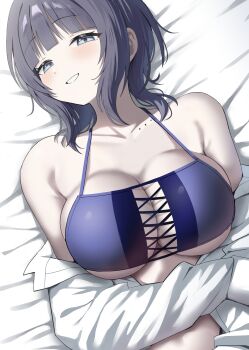 1girl absurdres asaka_karin bed_sheet bikini black_hair blue_bikini blue_eyes blunt_bangs breasts cleavage collarbone commentary_request grin highres large_breasts love_live! love_live!_nijigasaki_high_school_idol_club lying mole mole_on_collarbone off_shoulder on_back smile solo swimsuit upper_body yuu_(shampoohatslime)