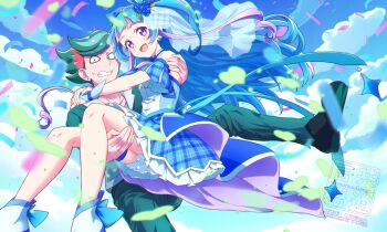 aokaze_nana artist_logo bare_arms bare_legs bare_shoulders blue_flower blue_hair blue_rose blue_sky blunt_bangs blush bots bride bubble_skirt carrying cloud cloudy_sky confetti couple cure_wink dress earrings eyeliner flower frilled_sleeves frills garter_straps gingham_clothes gingham_dress gradient_hair green_jacket green_pants hair_extensions hair_ornament half_up_bun hands_on_another's_shoulders hands_on_another's_thighs heart heart-shaped_pupils highres jacket jewelry kimi_to_idol_precure kyoutsuugengo loafers logo long_hair makeup miniskirt multicolored_hair off_shoulder open_mouth pants parted_bangs precure princess_carry puffy_dress rose shoes short_hair skirt sky smile symbol-shaped_pupils very_long_hair wristband zakkuri_(precure)