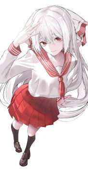 1girl \||/ absurdres alternate_costume ascot black_socks bow collarbone dorong_0w0 ears_visible_through_hair fujiwara_no_mokou hair_between_eyes hair_bow hand_to_head highres kneehighs long_bangs long_hair looking_at_viewer miniskirt pleated_skirt red_ascot red_eyes red_skirt ribbon school_uniform serafuku shirt sidelocks skirt socks solo touhou very_long_hair white_hair white_shirt