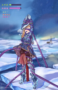 1girl absurdres aged_down arms_up azur_lane belt blonde_hair blue_capelet blue_dress blue_eyes blush brown_pantyhose capelet clothes_lift covered_eyes dress dress_lift frozen gloves gold_trim highres hood_(azur_lane) ice ice_floe long_hair nero_augustus panties panties_under_pantyhose pantyhose sex_toy solo steam tentacles tilted_headwear torn_clothes underwear union_jack union_jack_print white_footwear white_gloves wooden_horse yellow_belt