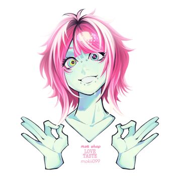 1girl album_cover_redraw artist_name collarbone colored_skin commentary copyright_name derivative_work detached_pants disembodied_head double_ok_sign english_commentary face_piercing green_skin gumi heterochromia highres looking_at_viewer love_taste_(vocaloid) moe_shop mokii099 multicolored_eyes ok_sign piercing pink_hair short_hair simple_background smile solo song_name teeth vocaloid white_background