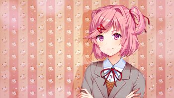Rule 34 | 1girl, absurdres, artist request, bob cut, coat, collared shirt, crossed arms, doki doki literature club, grey coat, hair ornament, hairclip, head tilt, highres, looking at viewer, natsuki (doki doki literature club), neck ribbon, official art, one side up, pink eyes, pink hair, pink vest, ribbon, shirt, smile, solo, upper body, vest, white shirt
