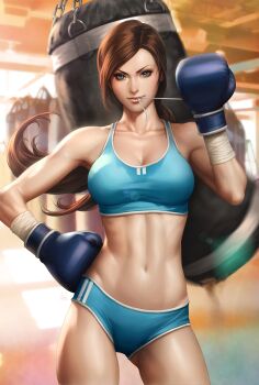 10s 1girl abs absurdres armpit_crease armpits ass bare_shoulders biceps blue_eyes blue_sports_bra blurry blurry_background boxer boxing_gloves breasts brown_hair buruma cleavage collarbone comic contrapposto cover cover_page cowboy_shot eyeshadow female_focus foreshortening gluteal_fold gym gym_uniform hand_on_own_hip hand_wraps highres indoors lace large_breasts lens_flare linea_alba long_hair looking_at_viewer makeup mascara midriff motion_blur muscular muscular_arms muscular_female navel obliques official_art original parted_hair parted_lips pinup_(style) ponytail punching_bag raised_eyebrows reflection sand shirt smile smug solo sports_bra sportswear stanley_lau sunlight sweat taut_clothes taut_shirt teeth toned toned_female toned_stomach underwear watermark