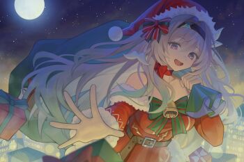 1girl belt black_belt black_hairband bow box breasts christmas collarbone commentary dalmo_(pafe2444) dress english_commentary firefly_(honkai:_star_rail) fur-trimmed_dress fur-trimmed_headwear fur-trimmed_sleeves fur_trim gift gift_box gradient_hair green_bow green_hair grey_hair hair_bow hairband hat highres holding holding_sack honkai:_star_rail honkai_(series) long_hair looking_at_viewer medium_breasts moon multicolored_hair night open_mouth outdoors pink_eyes red_bow red_dress sack santa_costume santa_dress santa_hat smile solo sweat