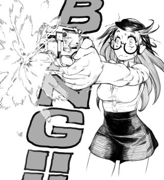1girl black_skirt blush chiappa_rhino commentary ear_protection electric_niw english_commentary firing foreshortening glasses gun handgun long_hair multicolored_hair muzzle_flash original raised_eyebrows revolver shirt_tucked_in simple_background skirt sound_effects sound_effects_only surprised sweatdrop tareme two-tone_hair weapon white_background