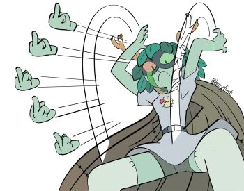 1girl adventure_time adventure_time:_fionna_and_cake antlers black_mask colored_skin domino_mask eye_mask frown green_skin hair_branch hairyfood1 horns huntress_wizard mask meme middle_finger random_bullshit_go_(meme) twitter_username